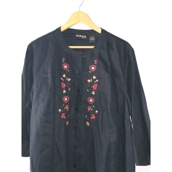 Style & Co Woman's Linen Tunic Top 16W Black Embroidery Dark Cottage Lagenlook - Picture 12 of 12